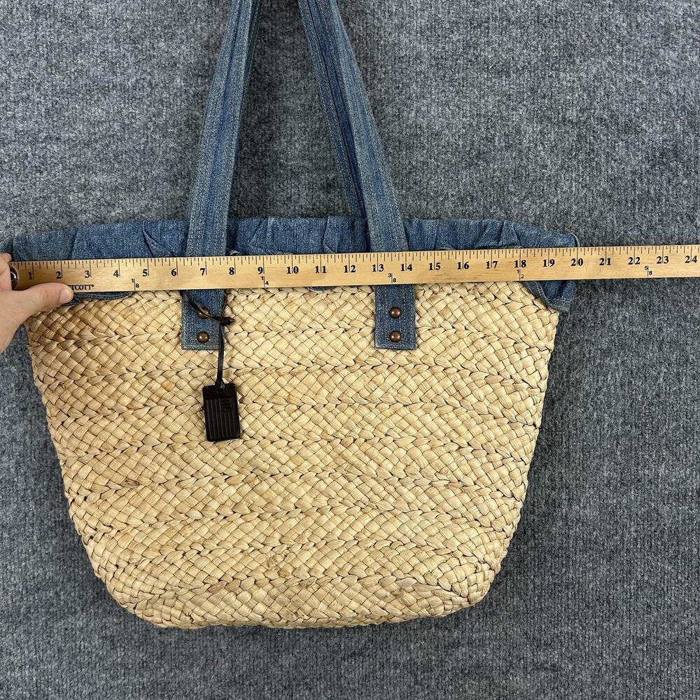 Vintage Ralph Lauren Straw Tote Bag Large Beige Denim Trim Beach Boho Summer - Picture 12 of 15